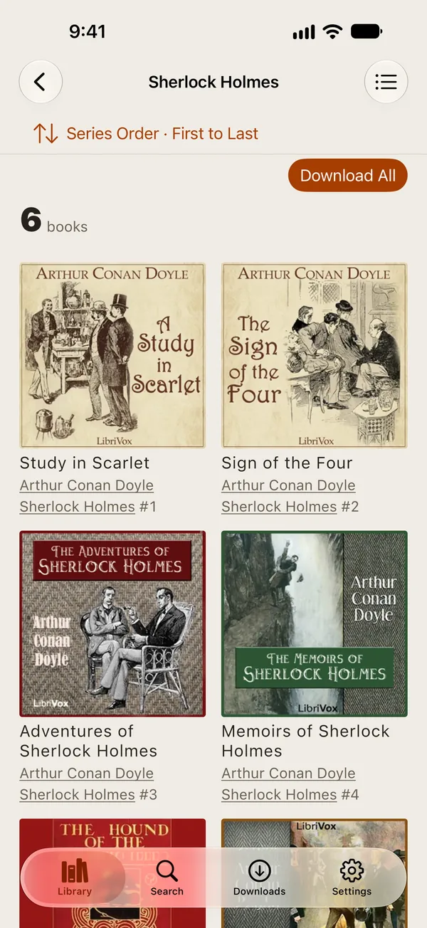 A series page listing the Sherlock Holmes books in order