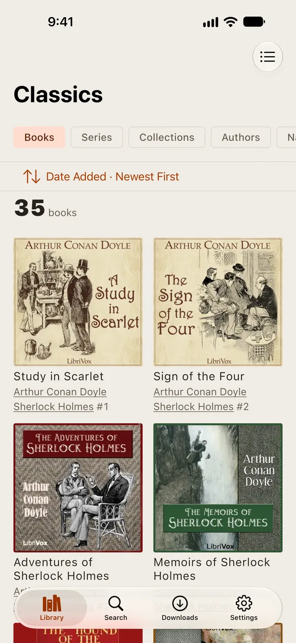 ShelfSync on iPhone: the Classics library as a grid of covers